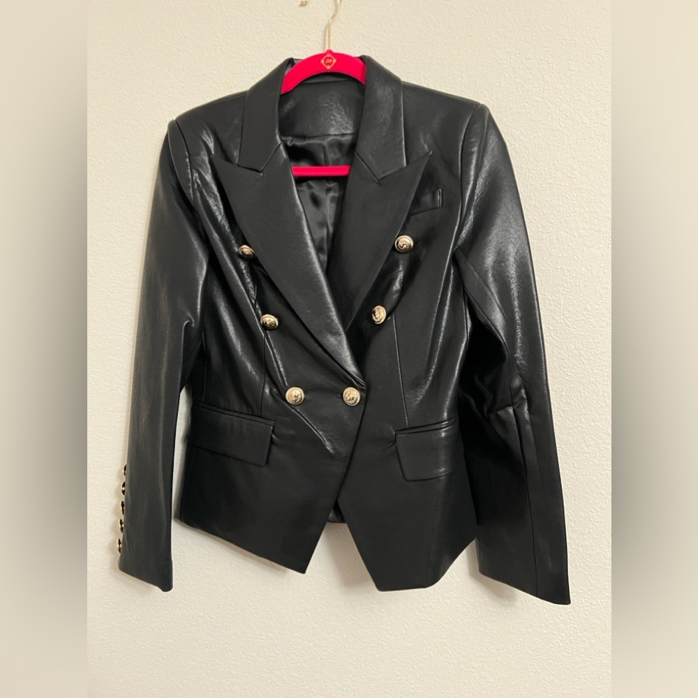 Black Double-Breasted Leather Blazer Jacket - Picture 3 of 8